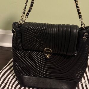 Henri Bendel Black Textured Shoulder Bag with Gold Chain